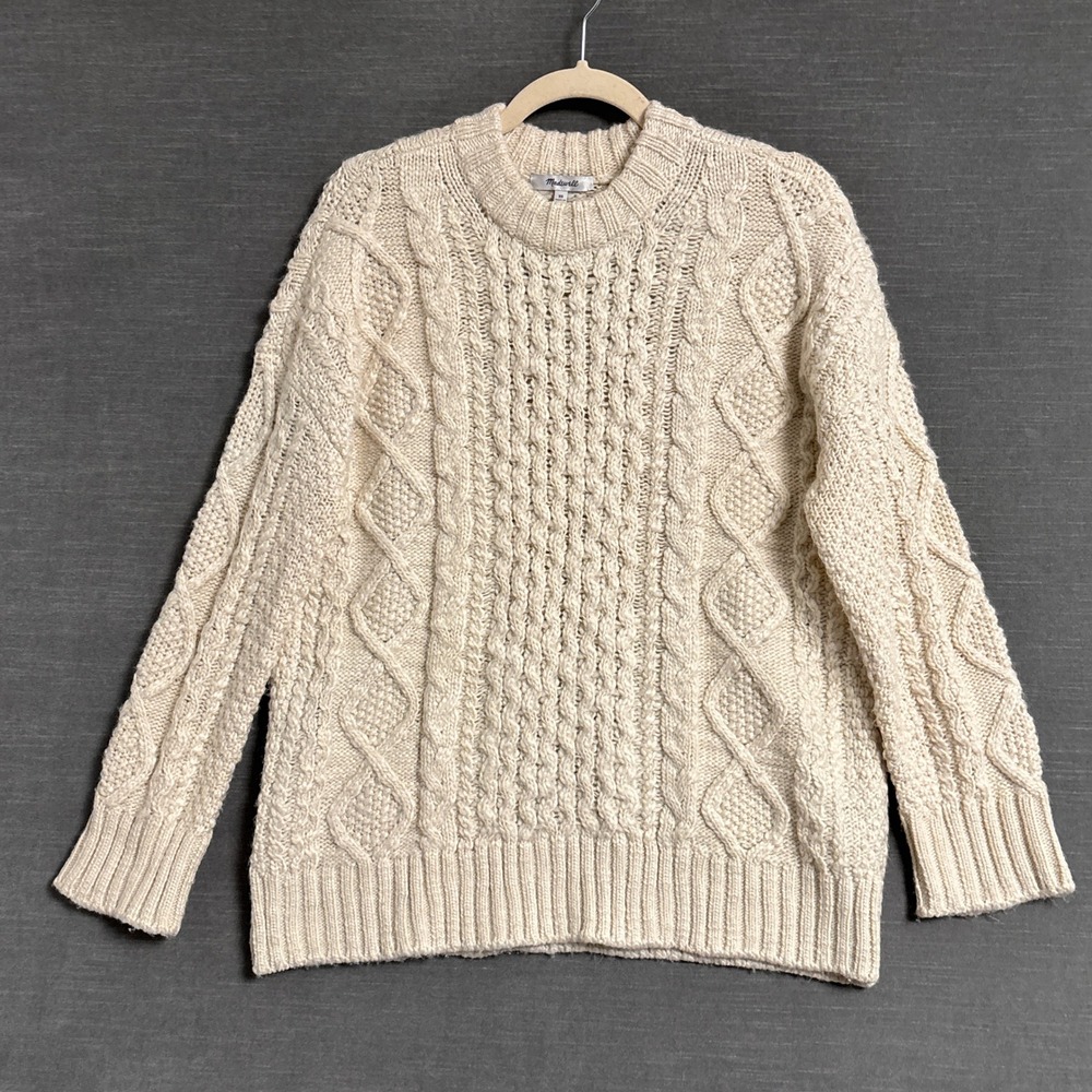 Madewell Sweater XS Cream Wool Blend Cable Knit Chunky Pullover Fisherman Cozy